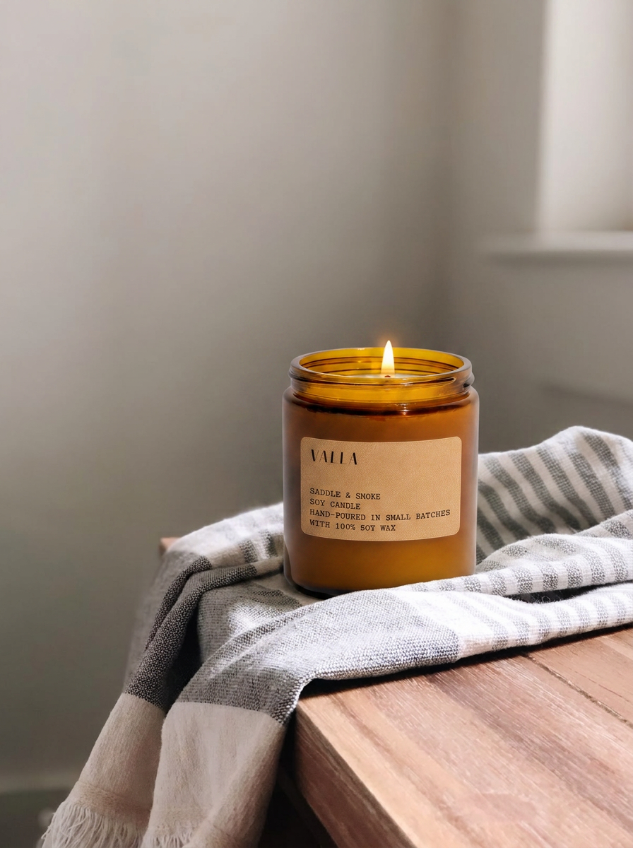 A lit candle on a wooden table beside a linen throw