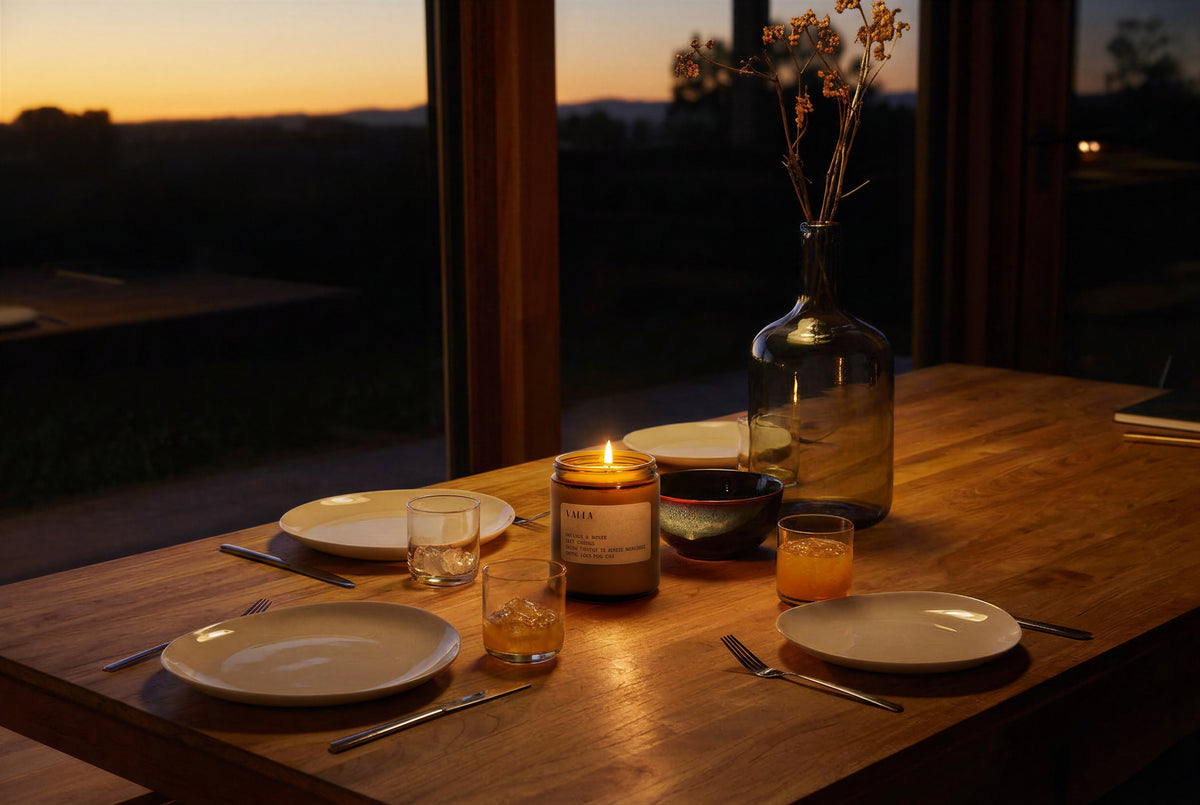 Valley Lavender candle on a dinner table at dusk