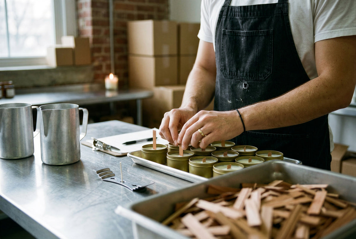 Wick trimmer and candle-making tools in the studio